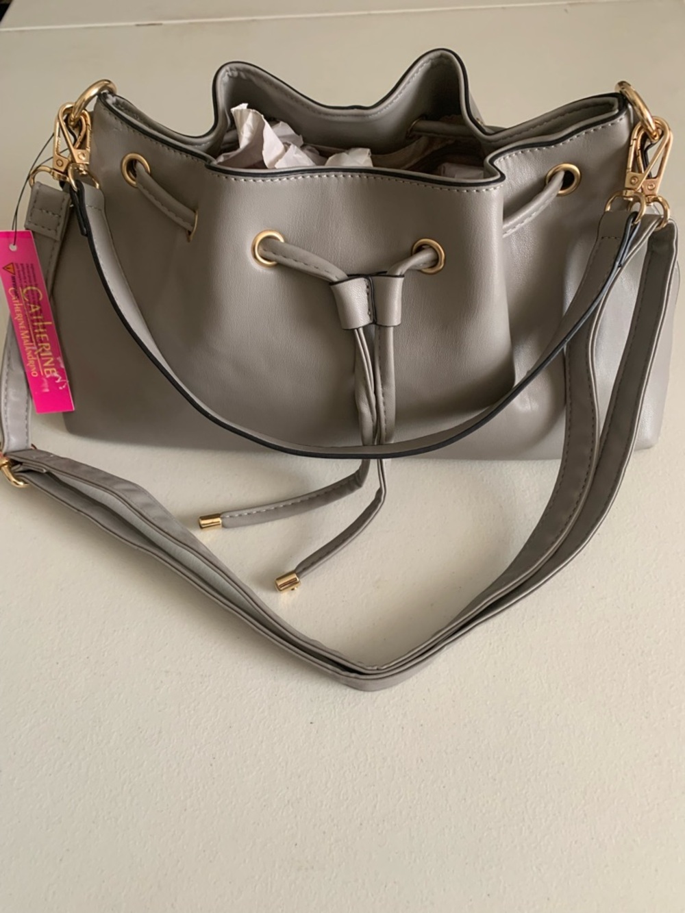 Catherine Malandrino Gray Drawstring Bucket Shoulder Bag with Gold Hardware